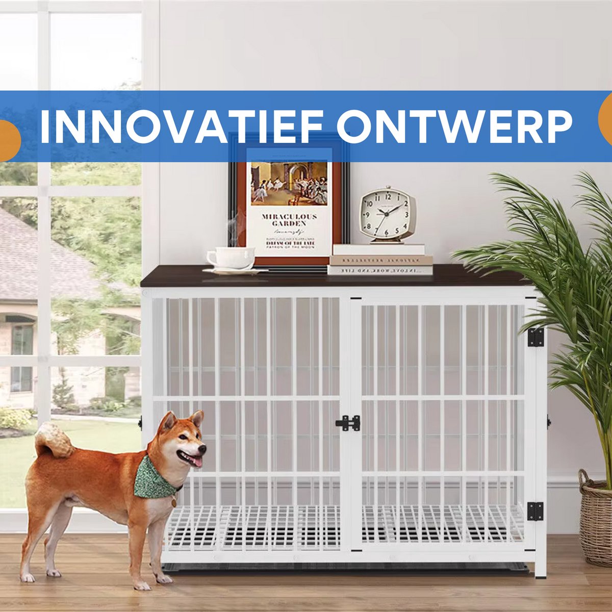 Zware Hondenkennel - Voor Huisdieren - Metalen Hondenkrat met Houten Meubelstijl - Hondenbench - Wit - 91cm
