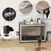 Houten Hondenbenche - Hondenren - Hondenkrat Bijzettafel met Afneembare Kommen en Dienblad - Dubbele Deuren Hondenkennel voor Middelgrote Honden Binnen - 112 x 73 x 78 cm - Grijs