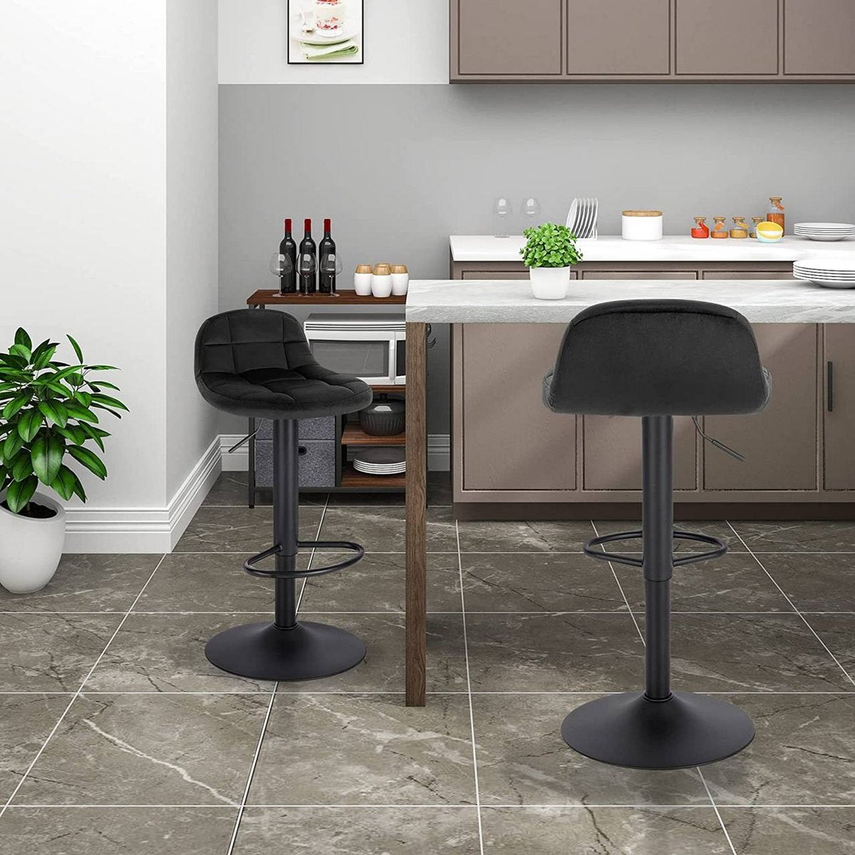 Luxe Barkurk Erino - Industrial - Zwart - Barkrukken set van 1 - Barstoel Kruk - Barstoelen met rugleuning - Keukenstoel - In hoogte verstelbaar - Velvet