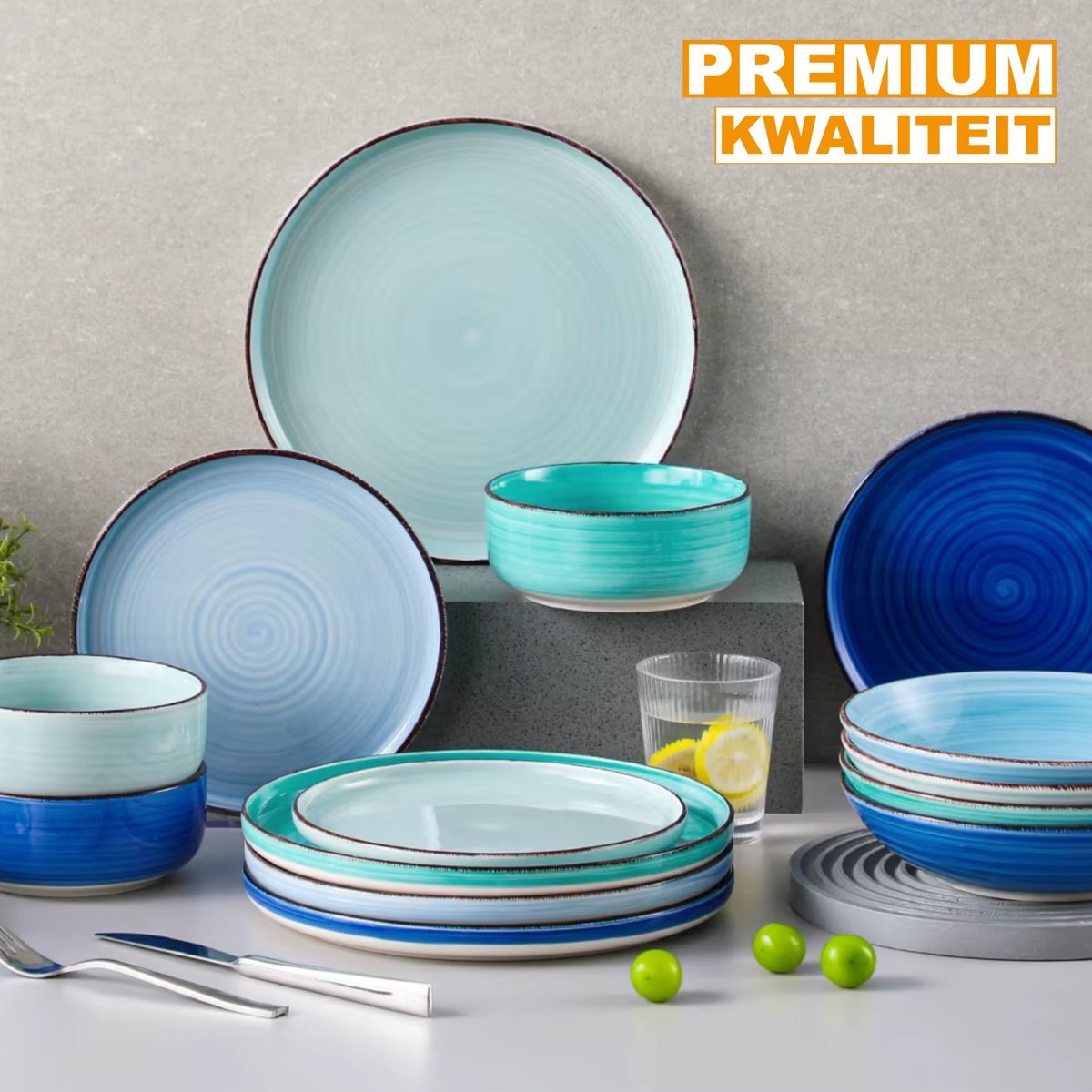 Marquis Sorella Serviesset - 16 delig - Blauw - Dinerborden - Bordenset - Diepe borden - Ontbijtborden - Servies - Keukenservies - Luxe design - Tafelstijl