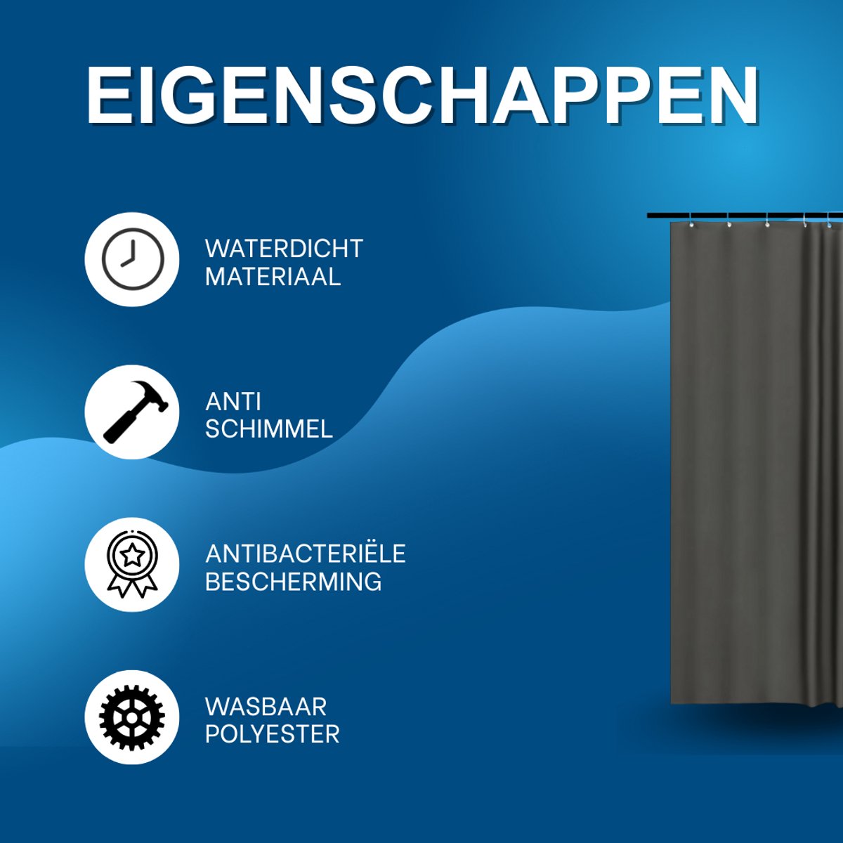 Douchegordijn deluxe - 120x180cm - Anti-schimmel - Voor Badkamer en bad - Donkergrijs - Waterdicht - Wasbaar - Ringen