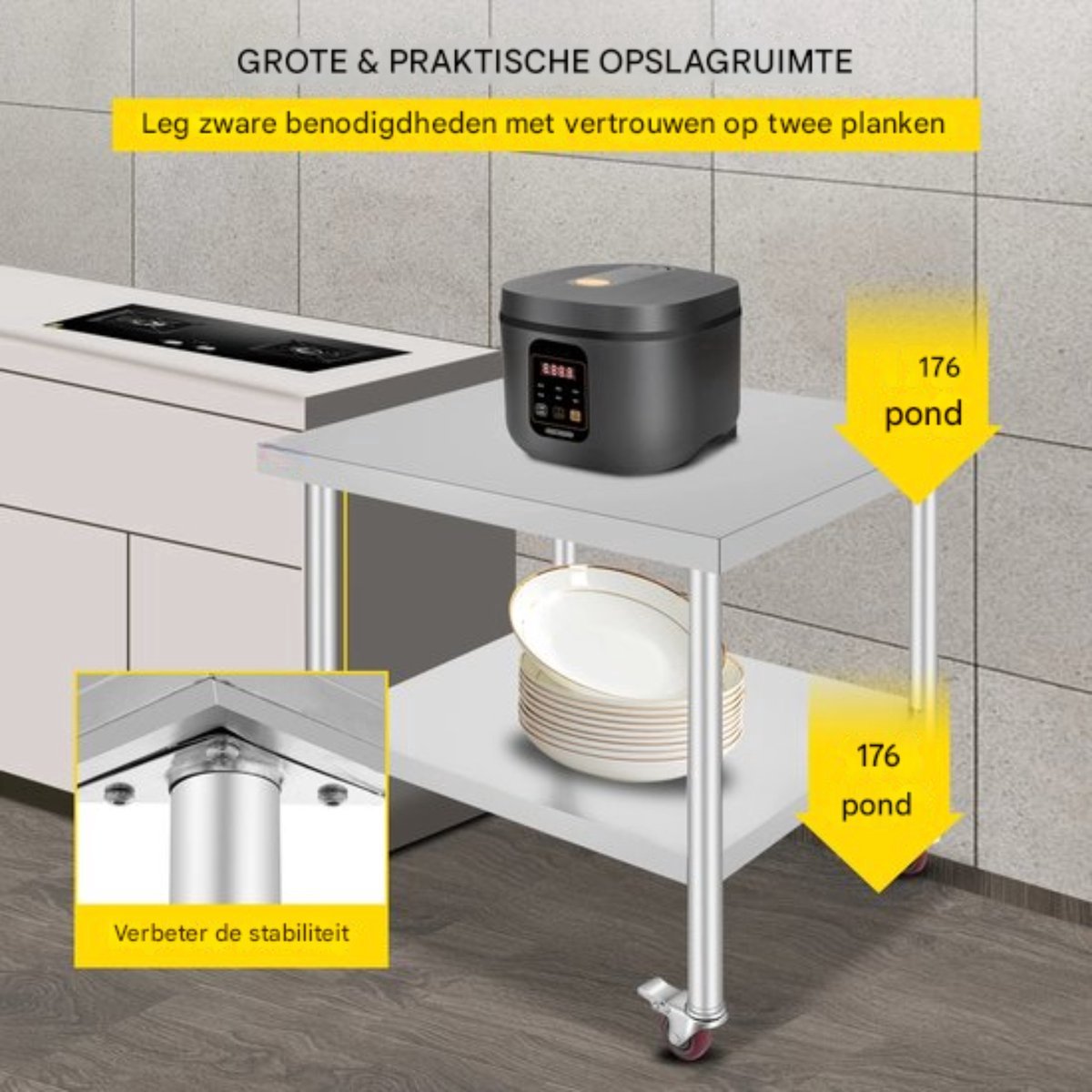 Keuken Werktafel - Commercieel - RVS - Verrijdbaar - Zilver - 95x61cm