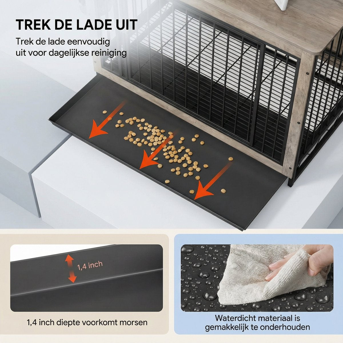 Houten Hondenbenche - Hondenren - Hondenkrat Bijzettafel met Afneembare Kommen en Dienblad - Dubbele Deuren Hondenkennel voor Middelgrote Honden Binnen - 100 x 68 x 64 cm - Grijs