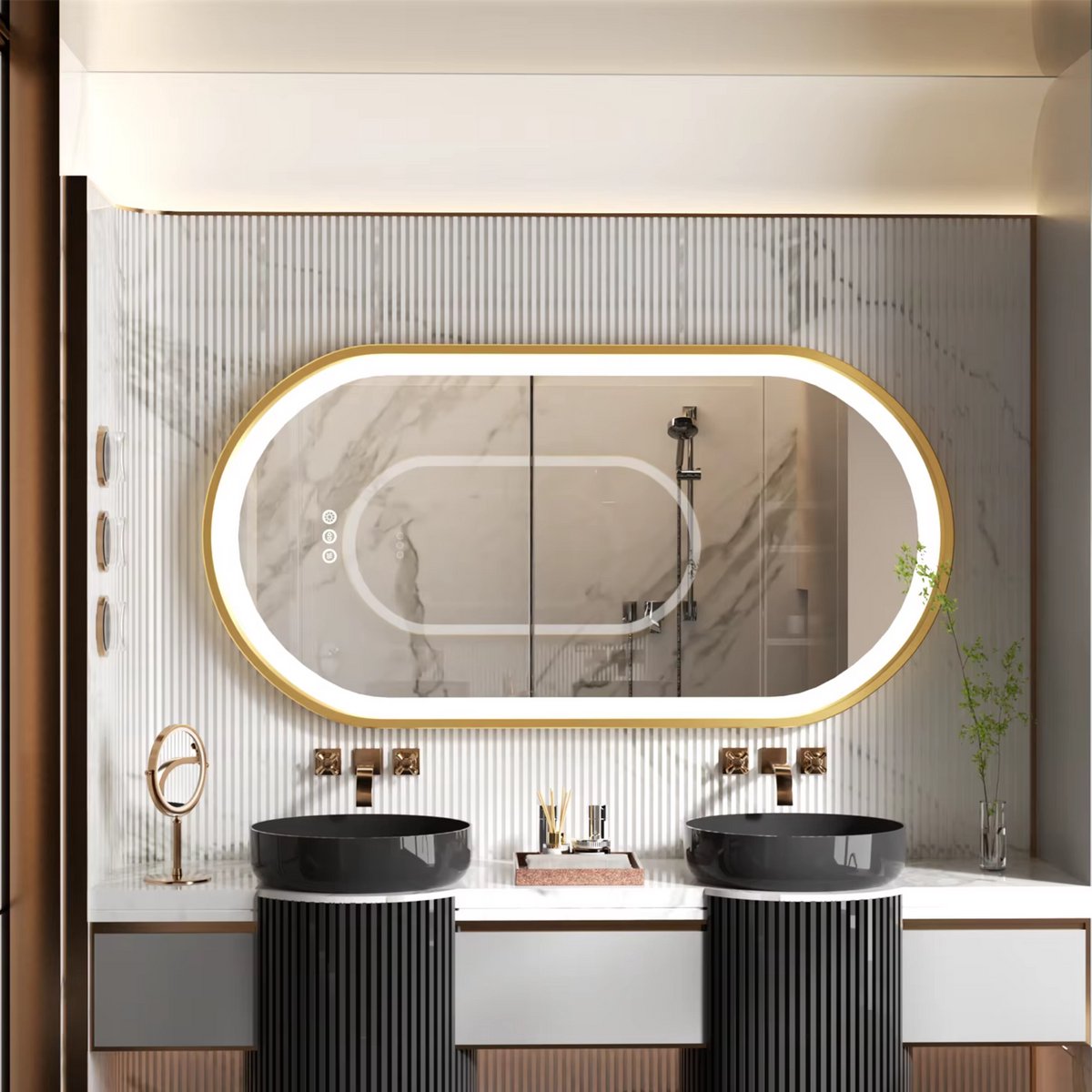 LED Badkamerspiegel met verlicht - Gouden Frame - Dimbaar - Make up - Ovale spiegel - Anti-mist - 50x100cm