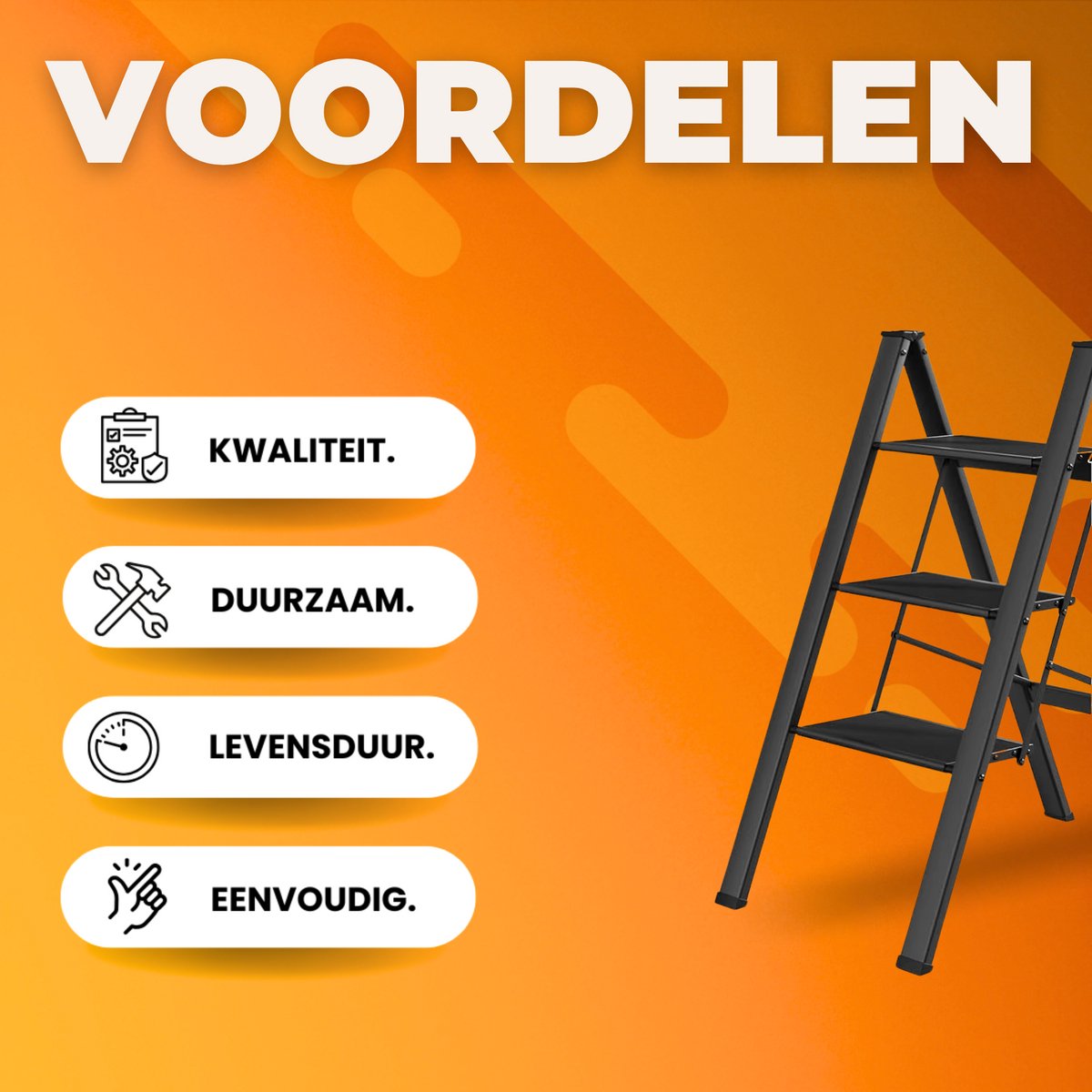 Huishoudtrap - Keukentrap - 3 treden - Ladder Aluminium - Opstapkruk met anitslip - Lichtgewicht - 150KG Belastbaar - Zwart