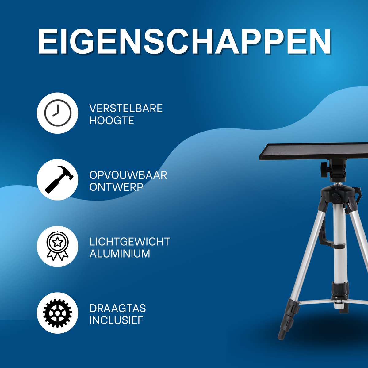 Projectorstatief – Opvouwbare Laptop- en Projectorstandaard - met Plateau en Draagtas – Lichtgewicht Aluminium- voor Thuis, Studio of Kantoor gebruik - Zilver