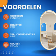 LED Badkamerspiegel met verlicht - Gouden Frame - Dimbaar - Make up - Ovale spiegel - Anti-mist - 50x100cm