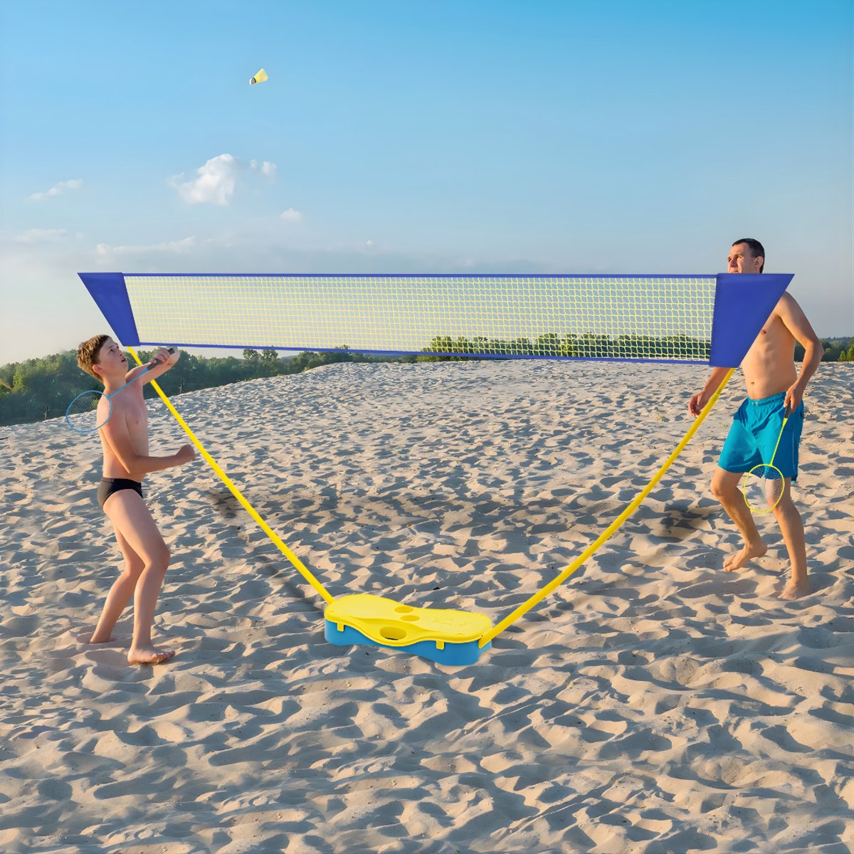 Badmintonnet- Badmintonset - Badmintonrackets- Voor sport en recreatie - Compleet met rackets en shuttlecocks - Geel