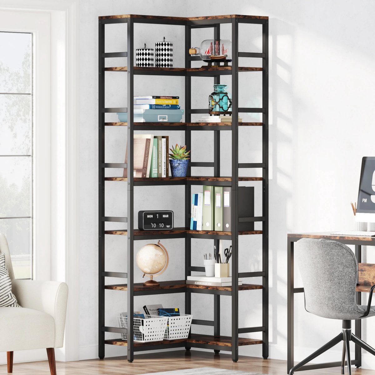 Boekenkast Dully - 7 lagen - Hoekkast - Bruin - Hoekrek - Voor Woonkamer, Slaapkamer of Kantoor - 60x60x200cm