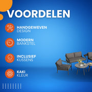 Tuinmeubelset - Loungeset - Tuinlounge Lounge Set - Lounge Set - Voor Tuin, Terras & Balkon - Moderne Buitenbankstel met Handgeweven Design - Inclusief Kussens - Kaki Kleur