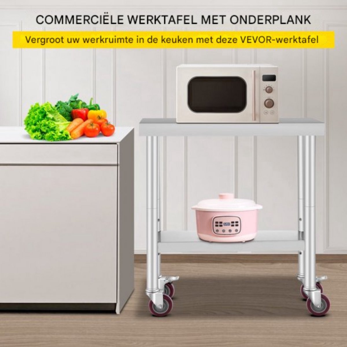 Keukentafel horeca - RVS - Werktafel met wielen - Bijzettafel verplaatsbaar - Keukeneiland - 76 x 30 x 86 cm
