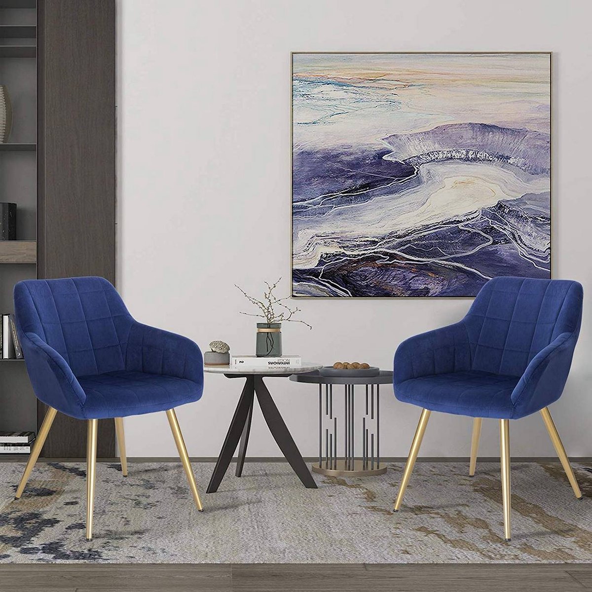 Happyment Stoel Meri - Eetkamerstoel - Blauw Velvet - Gouden Metalen poten - set van 1 - Zithoogte 47cm - deluxe