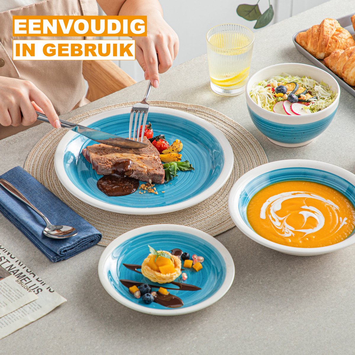 Montario Serviesset - 16 delig - 4 persoons - Blauw/Witte rand - Dinerborden - Bordenset - Diepe borden - Ontbijtborden - Servies - Keukenservies