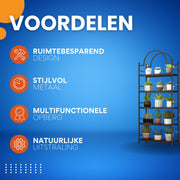 Boekenkast 5-Laags - Industrieel Wandrek met Gebogen Laddermodel - Zwart Metalen Frame & MDF Planken - Voor Woonkamer, Keuken of Kantoor