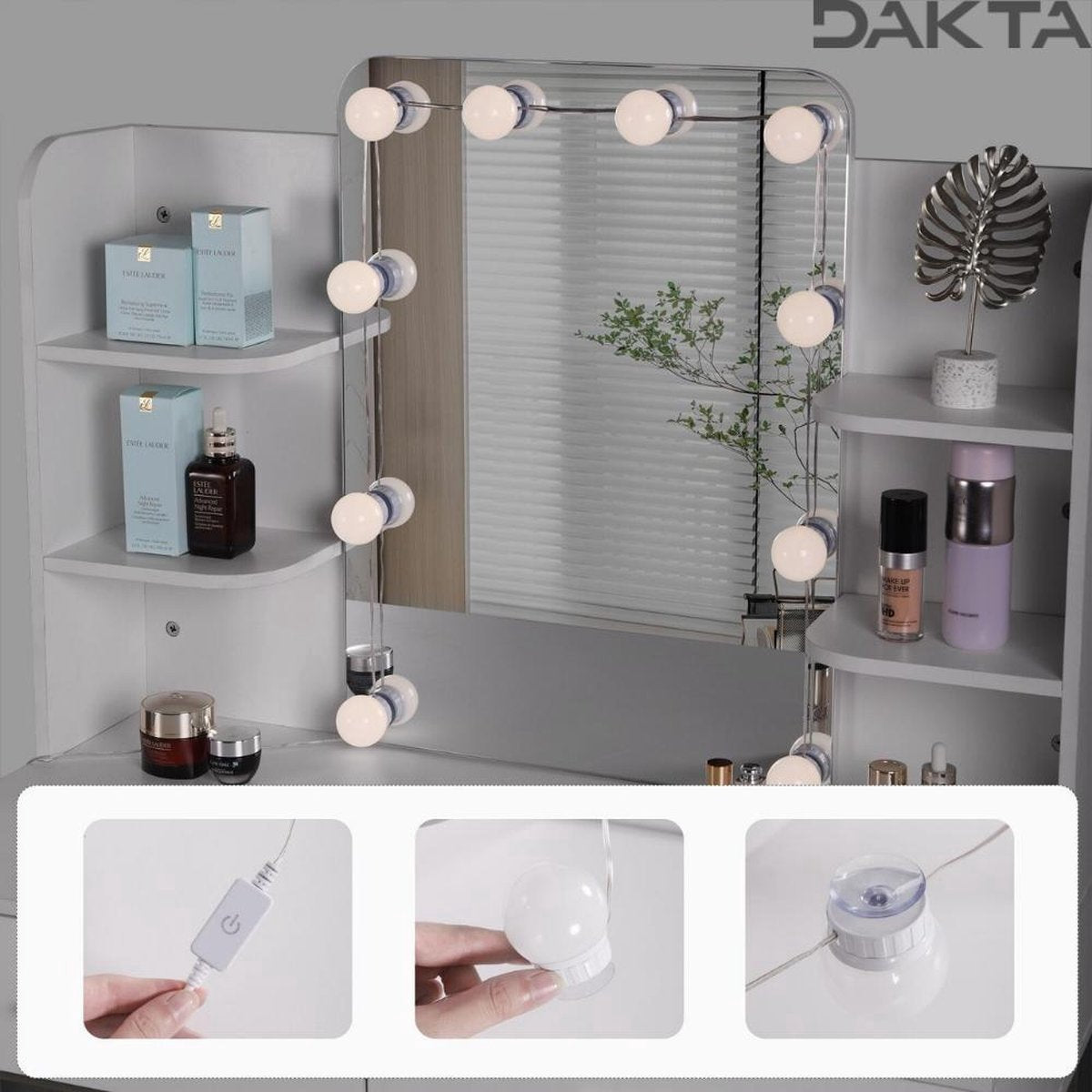 Bolt Edge Make-up Tafel - Wit/Goud - Inclusief spiegel met verlichting - 2 lades