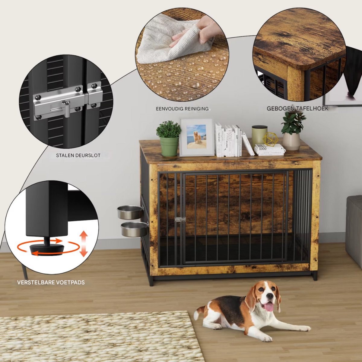 Houten Hondenbenche - Hondenren - Hondenkrat Bijzettafel met Afneembare Kommen en Dienblad - Dubbele Deuren Hondenkennel voor Middelgrote Honden Binnen - 99 x 63 x 72 cm - Bruin