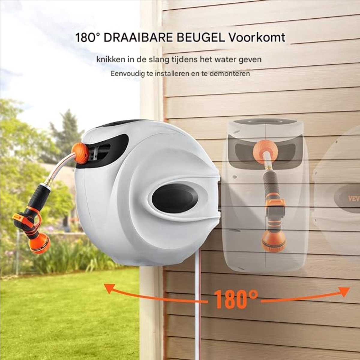 Wandslangenbox deluxe - 35 meter - 180° Draaibaar - Tuinslang met haspel - Slangenhouder