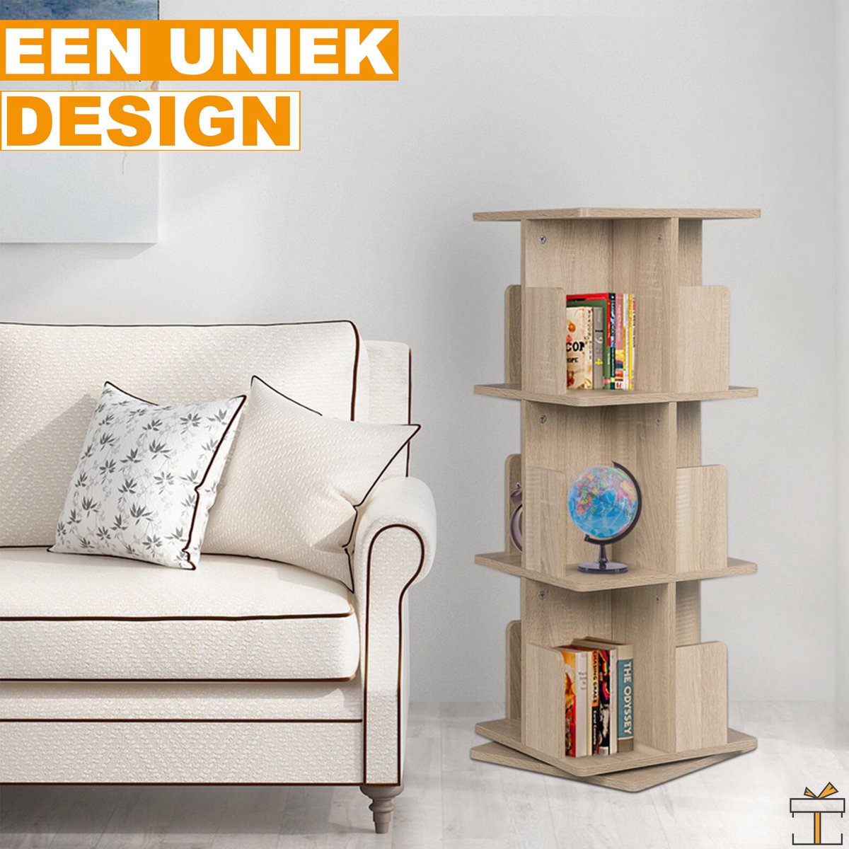 Happyment Draaibare boekenkast deluxe - 3 lagen - Boekenrek - Woonkamer & slaapkamer - Hout - MDF - 39x39x128cm