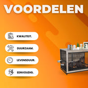Houten Hondenbenche - Hondenren - Hondenkrat Bijzettafel met Afneembare Kommen en Dienblad - Dubbele Deuren Hondenkennel voor Middelgrote Honden Binnen - 112 x 73 x 78 cm - Grijs