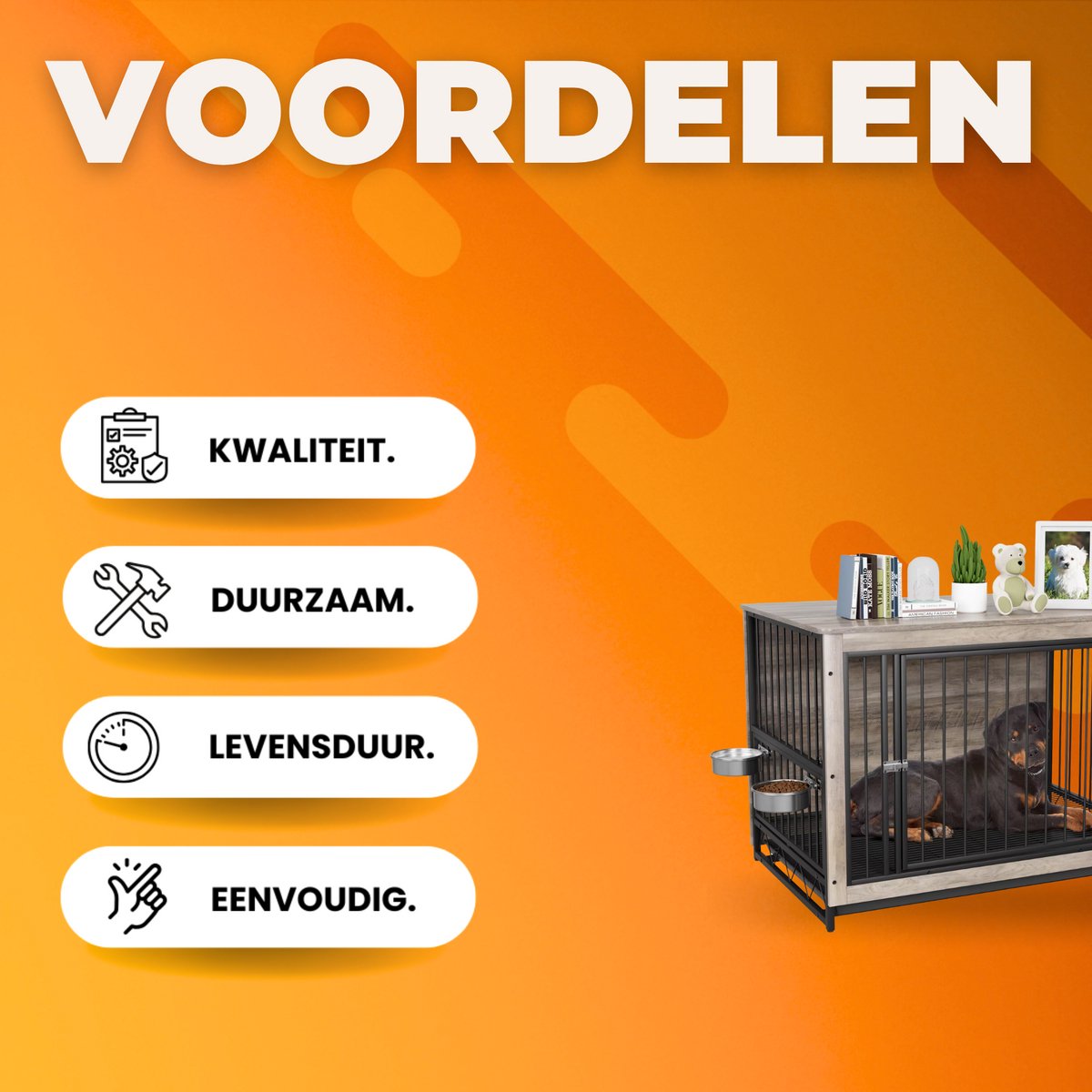 Houten Hondenbenche - Hondenren - Hondenkrat Bijzettafel met Afneembare Kommen en Dienblad - Dubbele Deuren Hondenkennel voor Middelgrote Honden Binnen - 112 x 73 x 78 cm - Grijs