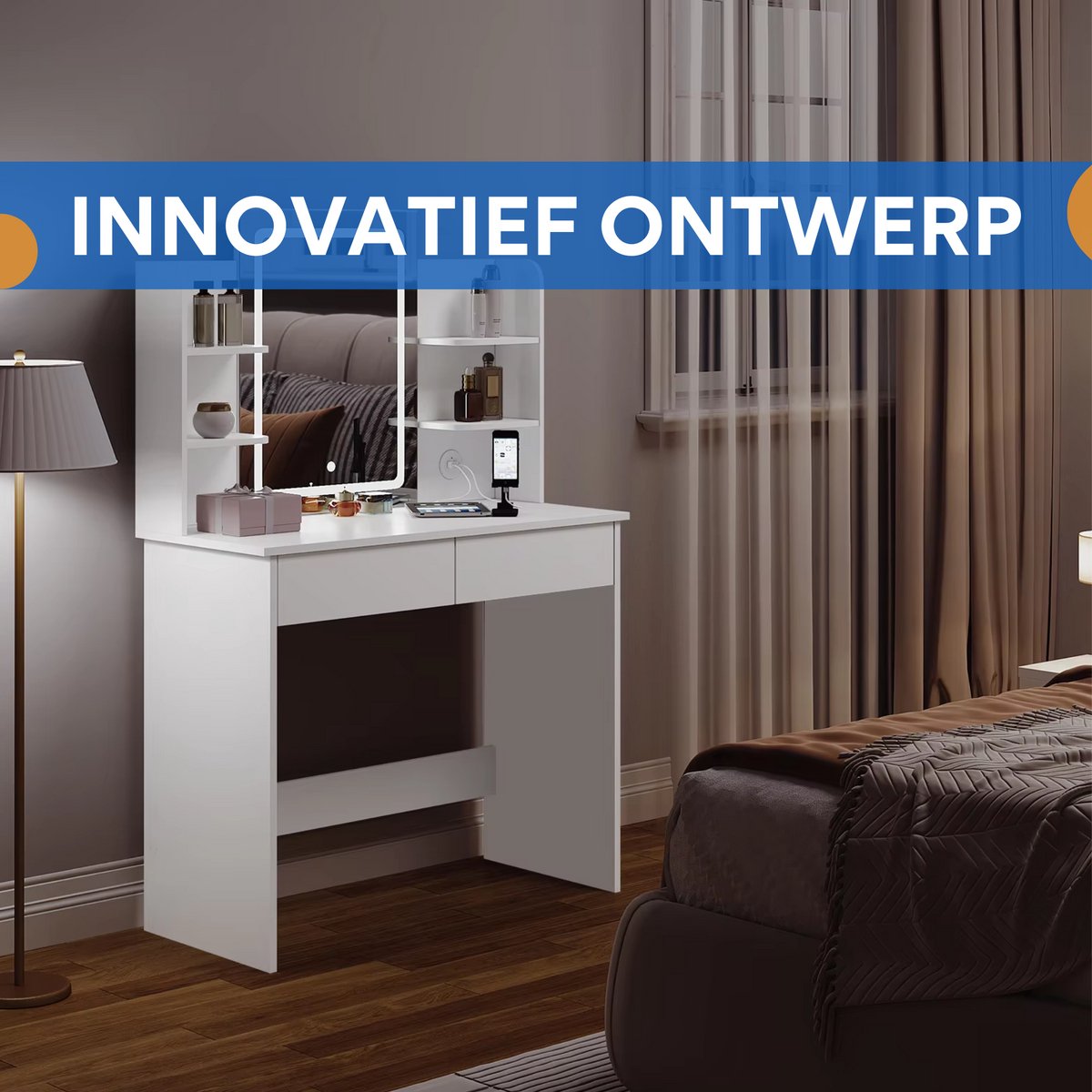 Witte Kaptafel met LED Spiegel - Verstelbare Helderheid & 2 USB Poorten - Moderne Make-up Tafel voor Slaapkamer