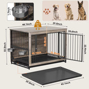 Houten Hondenbenche - Hondenren - Hondenkrat Bijzettafel met Afneembare Kommen en Dienblad - Dubbele Deuren Hondenkennel voor Middelgrote Honden Binnen - 112 x 73 x 78 cm - Grijs