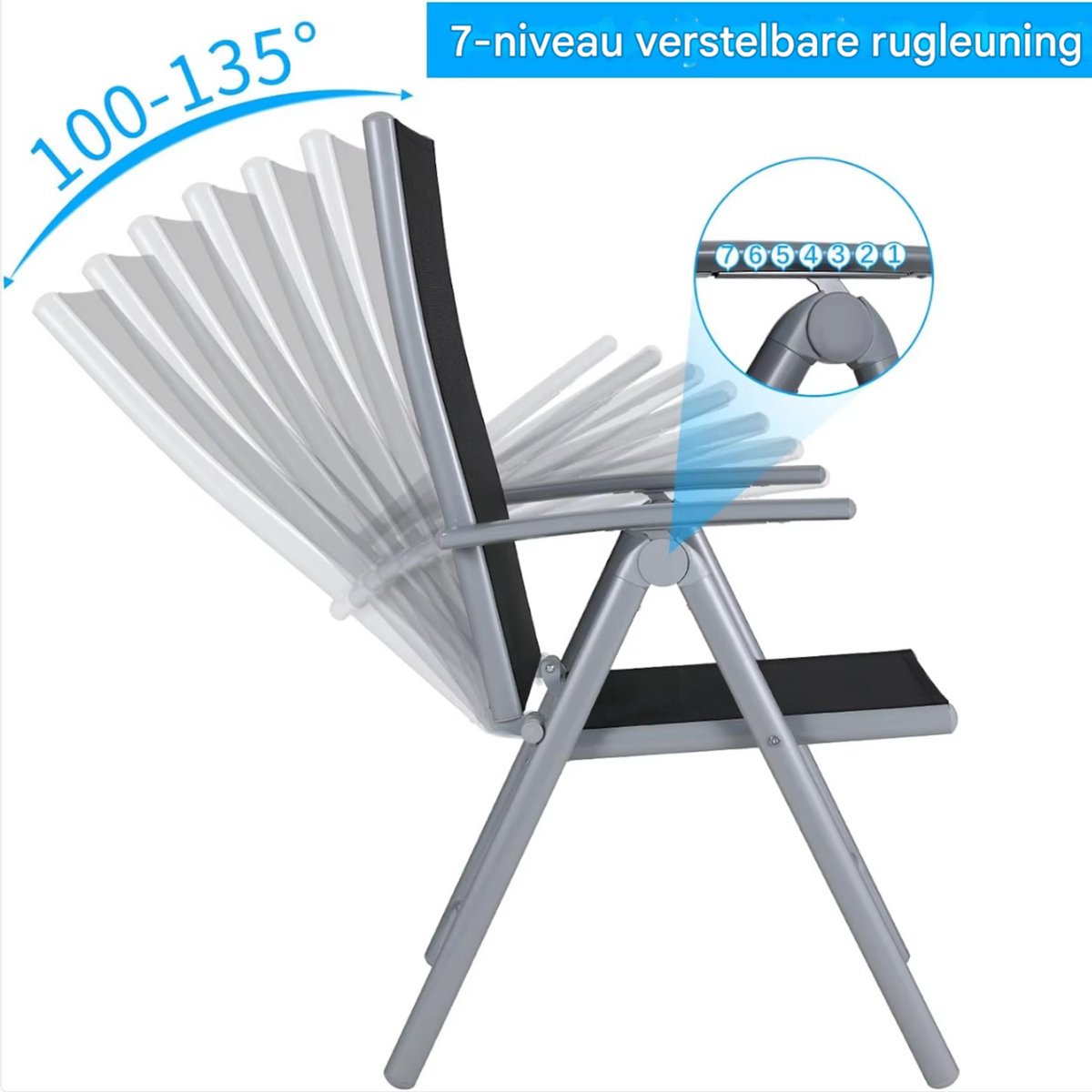 Tuinstoelen set van 2 - Verstelbare tuinstoel - Inklapbaar - Rugleuning - Thuis of camping - Aluminium - Belastbaar tot 120 kg - Zwart