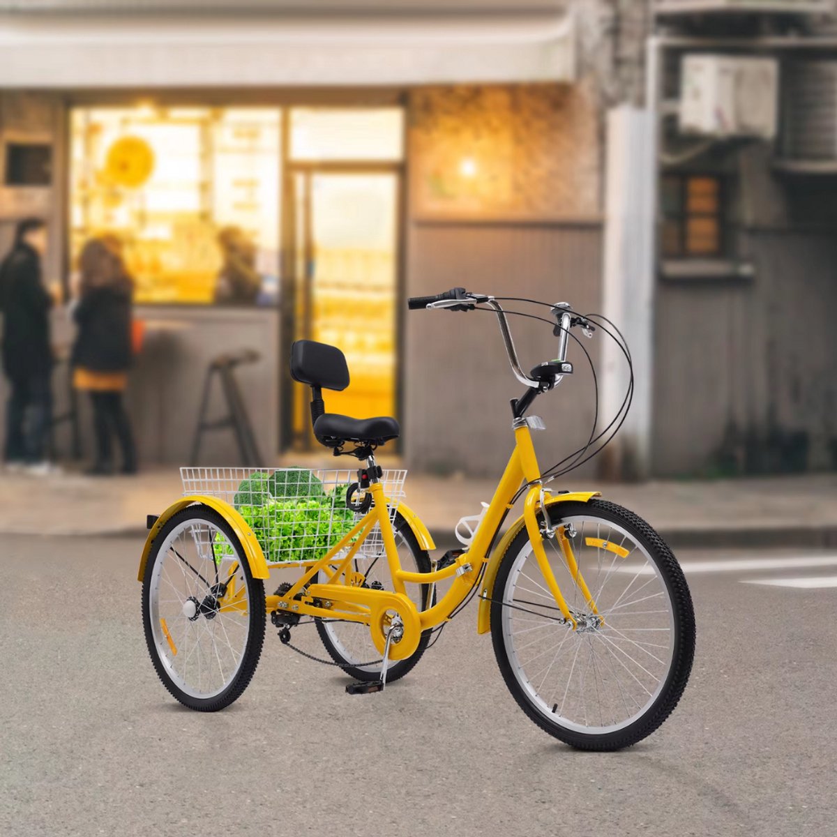 Driewieler Zita - 7 versnellingen - Fiets voor volwassenen en senioren - 24 Inch - Opvouwbare - Verstelbaar - Met mand - Voorrem - Geel