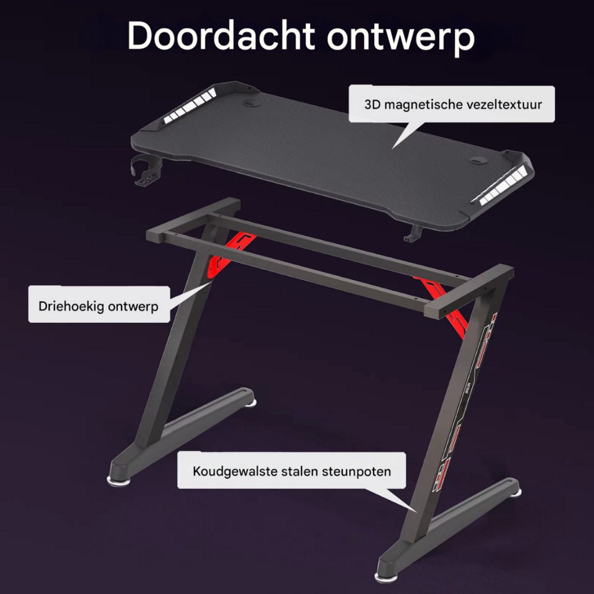 Gaming bureau Nevio - Met LED verlichting - 140cm desk - Metalen poten