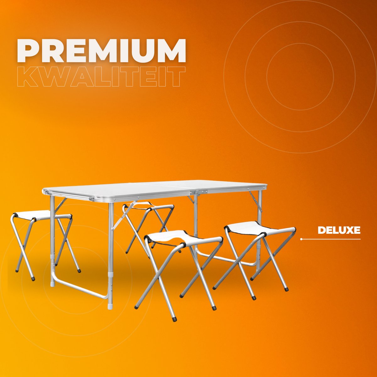 Kampeertafel 5-delig - Opvouwbaar - Klaptafel - Voor Camping en Tuin - Inklapbaar met 4 Krukken - Aluminium 120 cm - Wit
