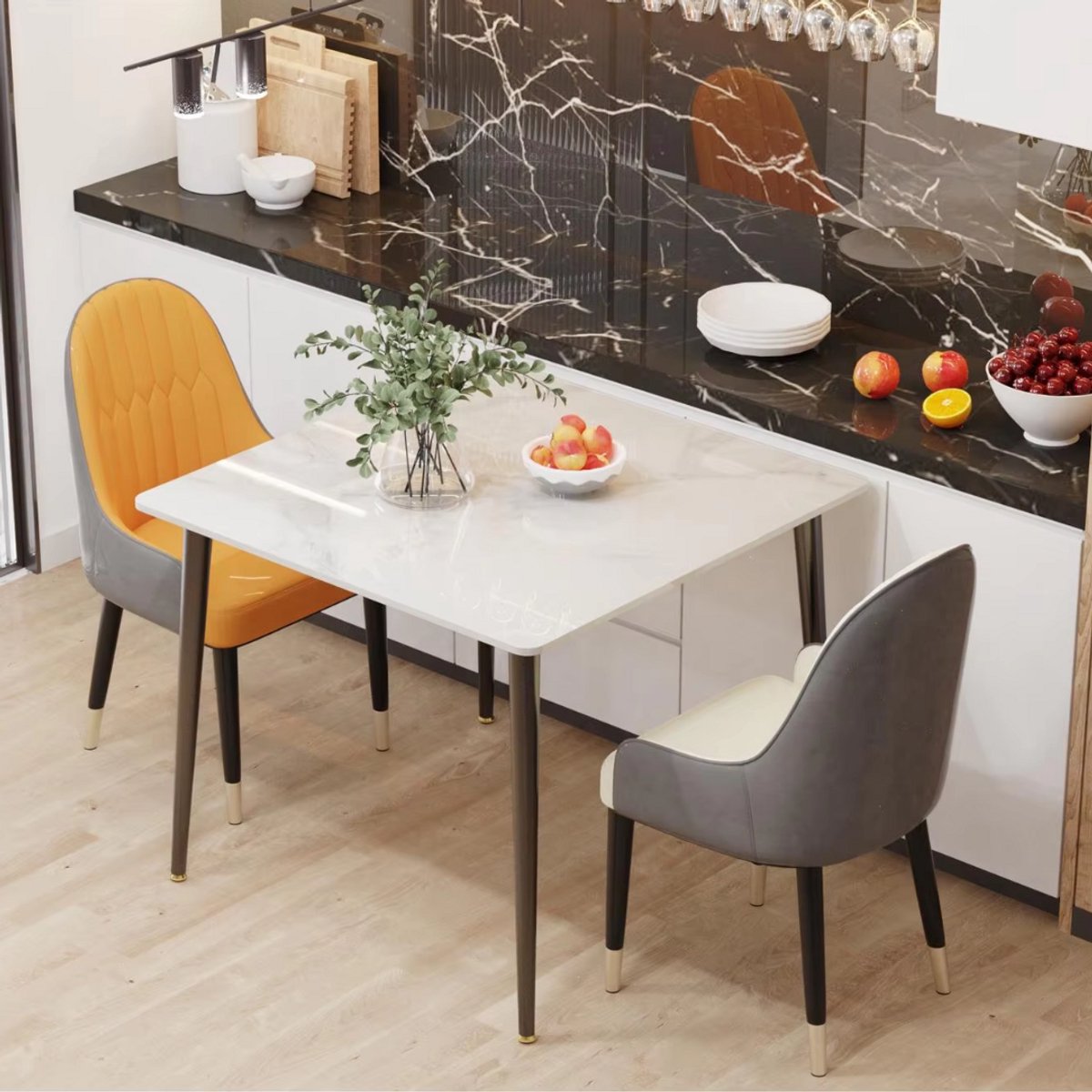 Marmeren Eetkamertafel 4 Personen - Glossy Grijs - Metalen Poten - Voor Keuken, Restaurant & Café