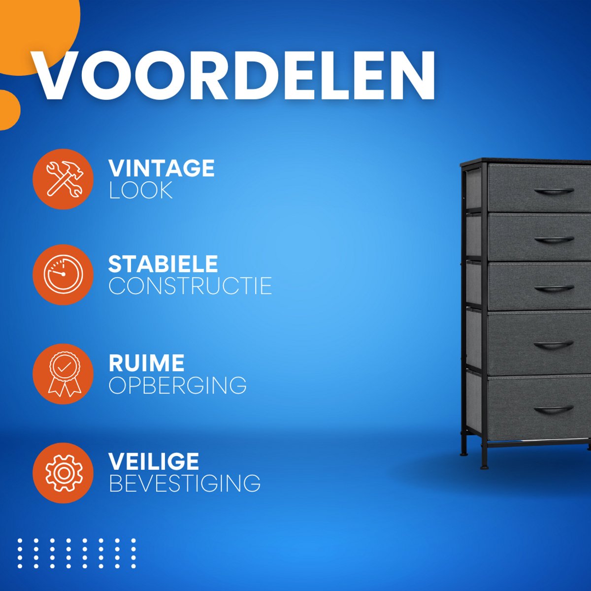 Woonkamerkast Zyrell - Voor Opbergen in Woonkamer of Hal - Industrieel Dressoir met 5 Lades - Rustiek Bruin Metaal en Stof