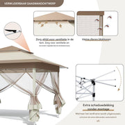 Tuinhuisje voor Buiten - Met 4 Afneembare Klamboes, UV- en Regendicht - Pop-up Patio Tuinhuisje met Dubbele Dakrand - Opvouwbaar - 3,3 x 3,3 m - Khaki