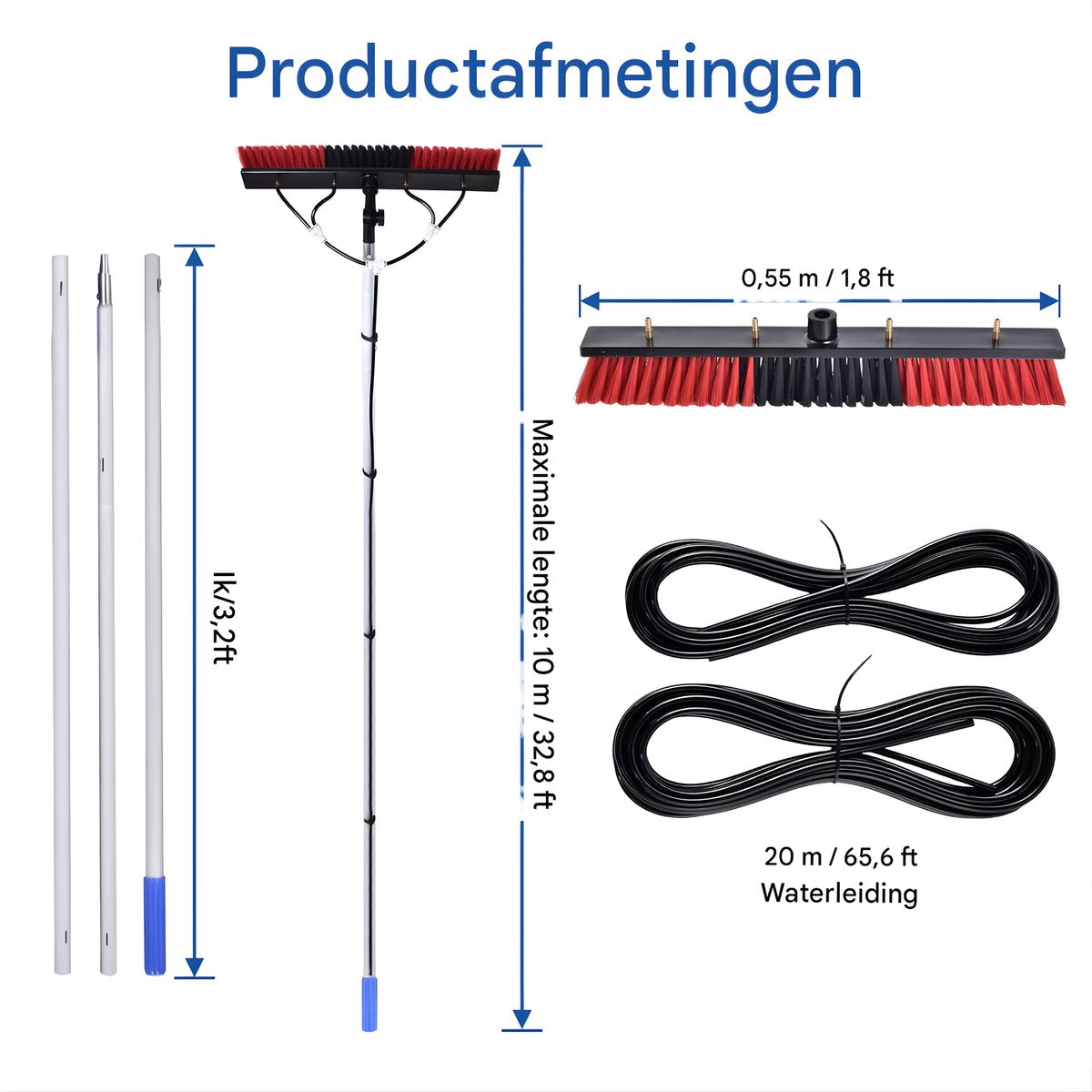 Reinigingsborstel - Voor zonnepanelen en glazen daken - Verstelbare, uitschuifbare glazenborstel - 12 m