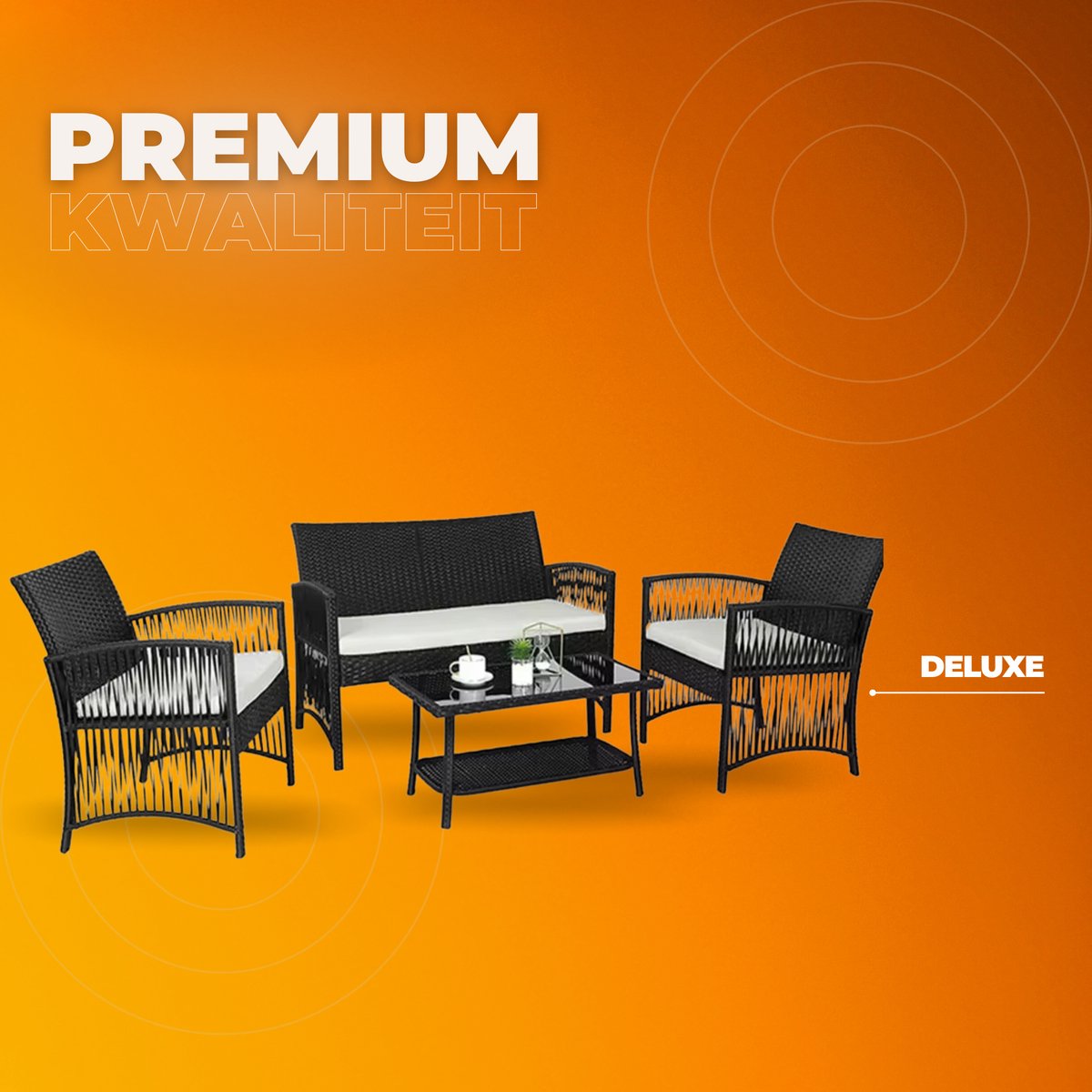 Rotan Tuinmeubelen Set - Voor Buiten en Balkon - 4 Stuks - Rotan Patio Meubelen - Weven Rieten Sofa Set met Kussens en Glazen Tafel - Zwart
