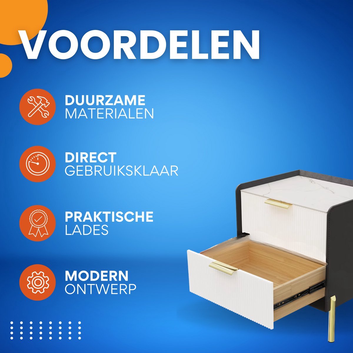 Nachtkastje Luxora - Met 2 Laden - Gouden Metalen Poot en Marmeren Tafelblad - Bijzettafel voor Sofa of Einde Tafel