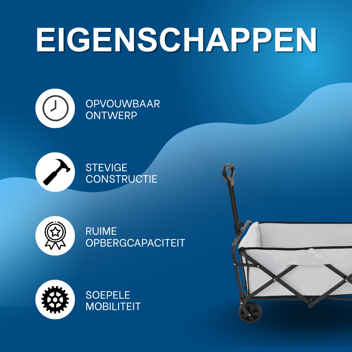 Opvouwbare Bolderkar – Bolderwagen - Voor strand, tuin en camping – Met wielen en duwstang – Khaki