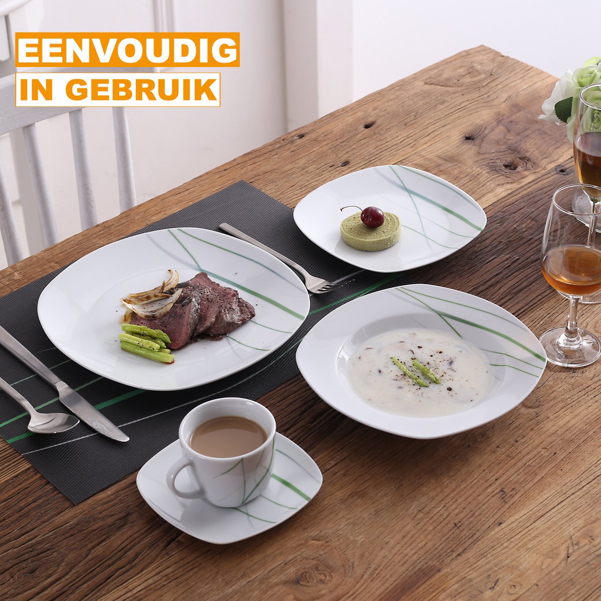 Ventina Salade Kom - 30 delig - Wit/Groene Strepen - Dinerborden - Bordenset - Diepe borden - Ontbijtborden - Servies - Keukenservies