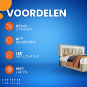 Bed - Tweepersoonsbedden - Tweepersoonsbed - Twijfelaar - Voor Slaapkamer - Met LED-verlichting, USB-C Oplaadfunctie, Lattenbodem & Opbergruimte - Linnen Bekleding - Inclusief Matras - 140x200 cm