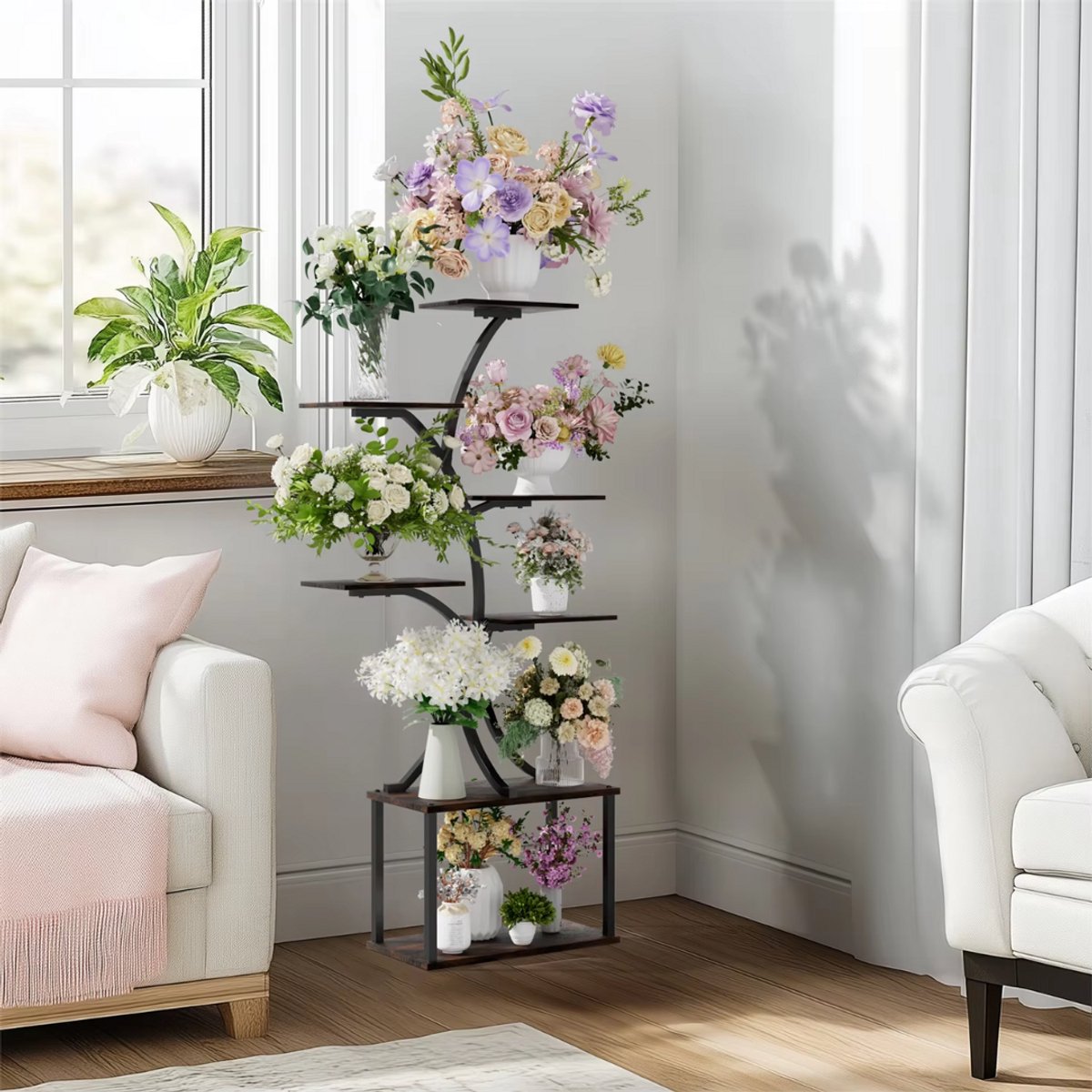 Plantenstandaard deluxe - 151cm - Plantenrek - Plantentafel - Voor binnen & buitengebruik - Bloempothouder - Metaal en hout