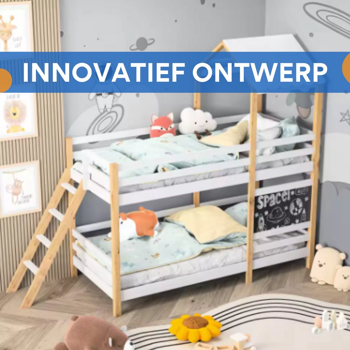 Stapelbed Fioren voor kinderen - 90x200 cm - Kinderbedden - Schoolbord - Met Hoektrap, valbeveiliging en raam - Peuterbed - Hoogslaper