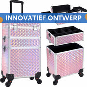 3-in-1 Rollende Make-up Trolley - Make up koffer - Kappers koffer - Beautycase - Voor Schoonheidssalons en visagie - Roze
