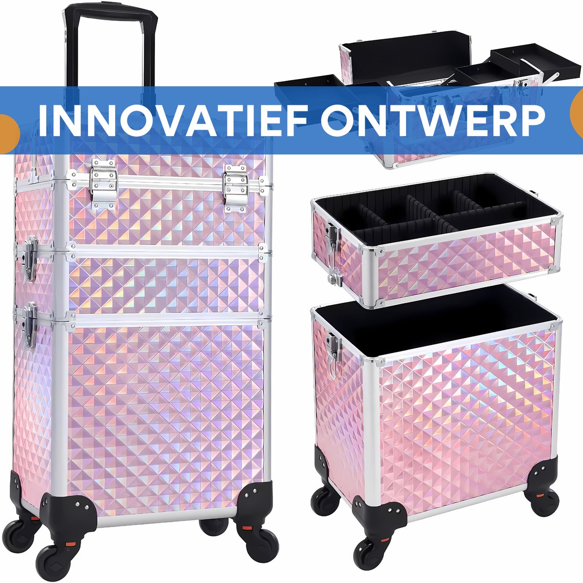 3-in-1 Rollende Make-up Trolley - Make up koffer - Kappers koffer - Beautycase - Voor Schoonheidssalons en visagie - Roze