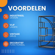 5-laags Boekenkast - Boekenplank - Wandplank - Boekenrek - Vintage grijs/Zwart