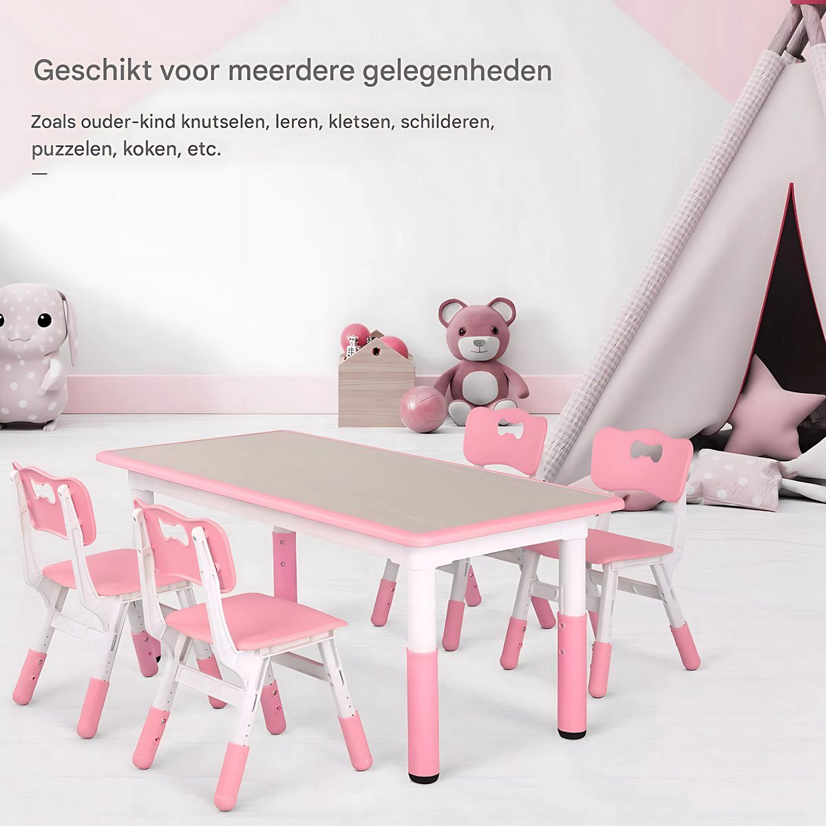 Kindertafel Tavien en 4-stoelenset - In hoogte verstelbare tafelset voor peuters met meerdere activiteit - Studie, schrijven en spelen voor kinderen - Roze - 120x60cm