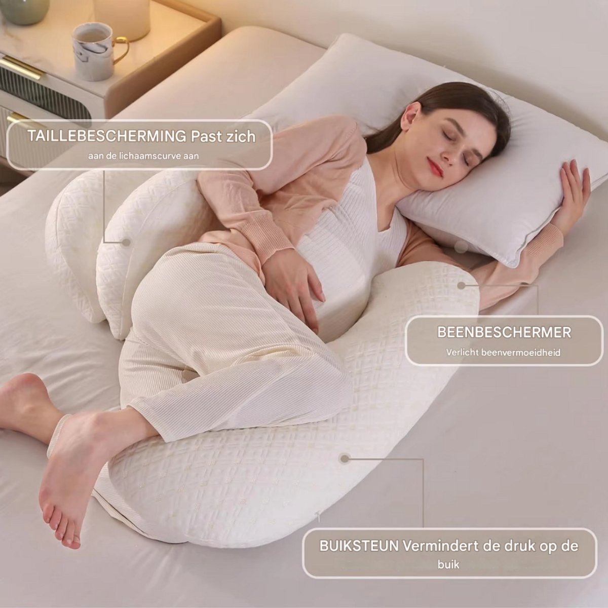 Ergonomisch zwangerschapskussen - Voor zijslapen - Body pillow - Zijslaapkussen - Voedingskussen - Verstelbaar - Wit