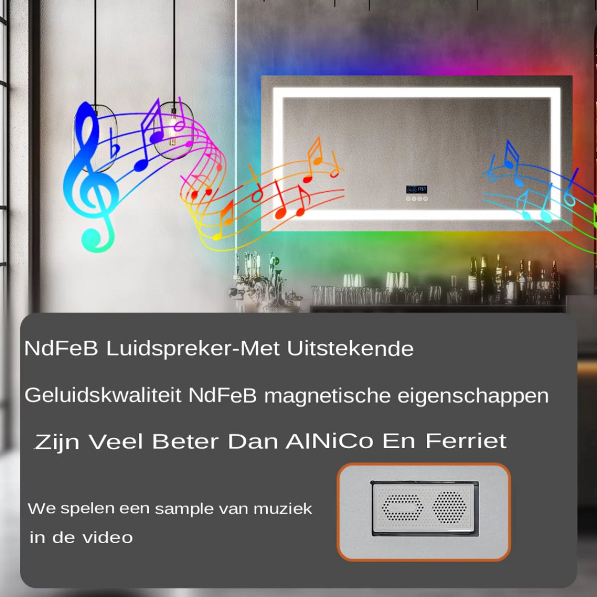Grandiose Badkamerspiegel - Geen condens - Met verwarming en LED verlichting - Bluetooth en muziek - Spiegel voor badkamer - Rechthoekig - 140x70cm