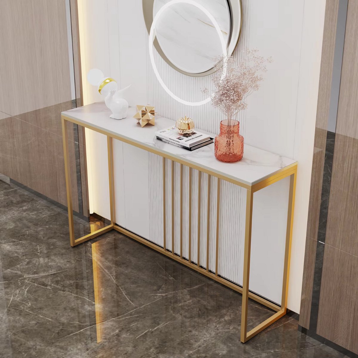 Marquise Consoletafel - Haltafel - Wandtafel - Emerald look - Sidetable - 120cm - Wit en goud