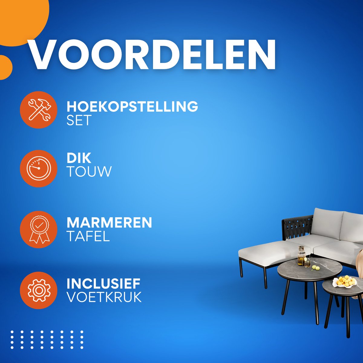 Tuinmeubelset - Loungeset - Tuinlounge Lounge Set - Voor Tuin, Zwembad of Terras - Sofa, 2 Salontafels & Voetkruk - Dik Touw & Marmeren Tafel
