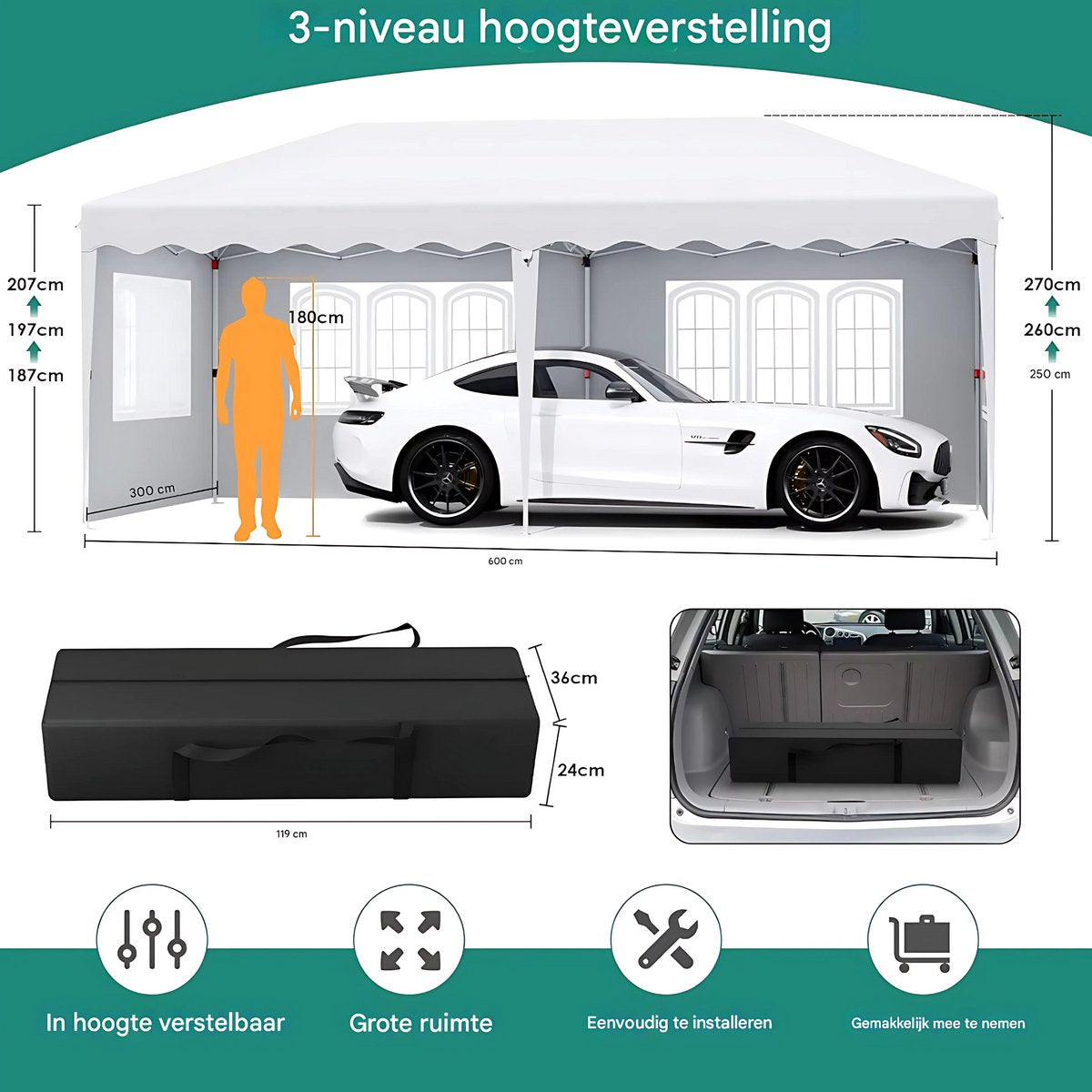 Luxe partytent - Opvouwbaar - Met zijwanden - wit - 300x600cm - Easy up - Paviljoen - Waterdicht weerbestendig - In hoogte verstelbaar